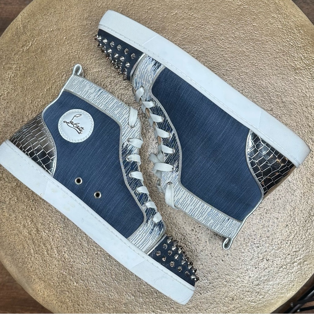 Christian Louboutin Denim and Silver Studded Sneakers - Picture 6 of 8